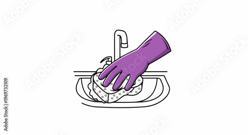Hand in purple glove cleaning sink with sponge and soap dispenser