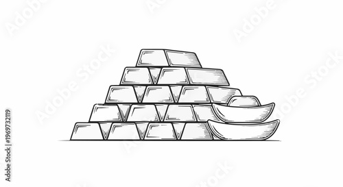 Stacked gold bars and ingots on a white background, engraved style