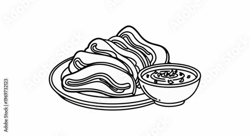 Stacked food items on a plate with a dipping sauce in a small bowl