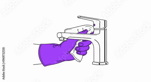Hand in purple glove wiping faucet with cloth