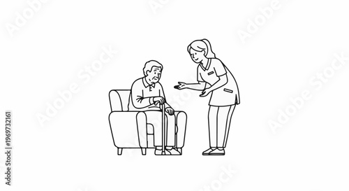 Elder man sits in armchair holding cane, conversing with caregiver in uniform