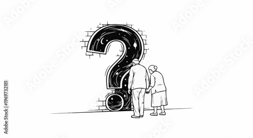 Elderly couple contemplates a colossal, swirling question mark on a brick wall