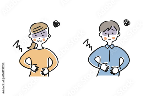 腹痛でお腹を押さえる男女