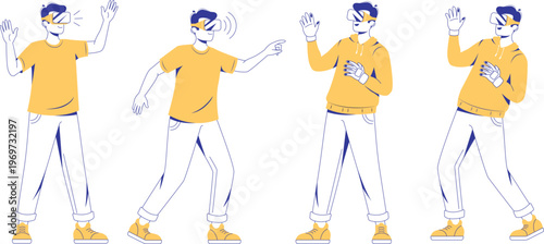 Flat VR Man Character Set, Color and Outline Style Vector Illustrations