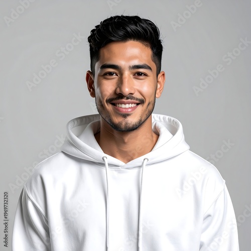 A young man with dark hair and a white hoodie smiles