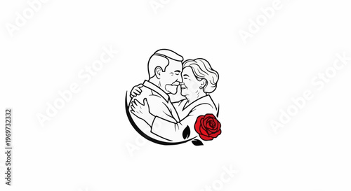Elderly couple embracing with a rose