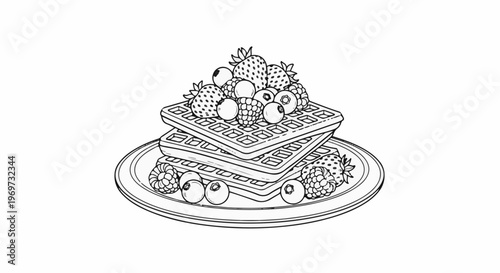 Stacked waffles topped with a variety of fresh berries on a plate