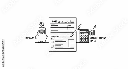 Piggy bank, tax form, calculator, and graph represent financial planning and calculations