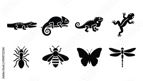 A collection of black silhouettes depicting various reptiles insects and one butterfly creating a minimalist scene high quality professional detailed modern