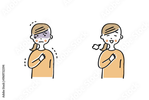 胸に手を当てて震える女性と安堵する女性