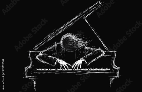 Expressive Sketch of Passionate Pianist Performing on Grand Piano, Dramatic Musician Line Art Illustration for Classical Music Concert or Jazz Event Branding