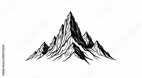 Stark black ink illustration of jagged, snow-capped mountain peaks