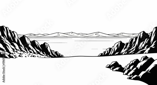Stark black and white illustration of rugged, rocky terrain surrounding a calm body of water under distant, undulating hills