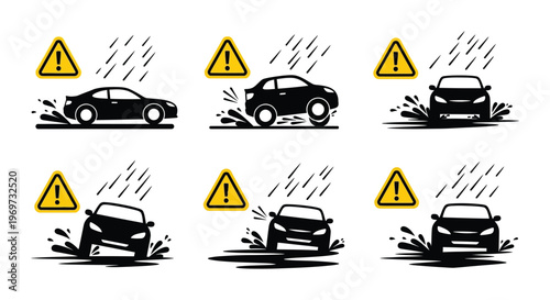Cars navigating flooded roads with warning signs a safety illustration