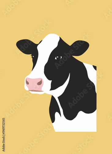 Cute cartoon cow head illustration, black and white Holstein dairy farm animal portrait, simple flat vector graphic on yellow background.