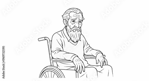 Elderly man with beard and weary expression sits in a wheelchair