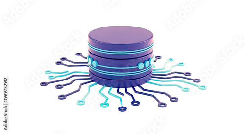 3D render of a database icon with circuit board connections