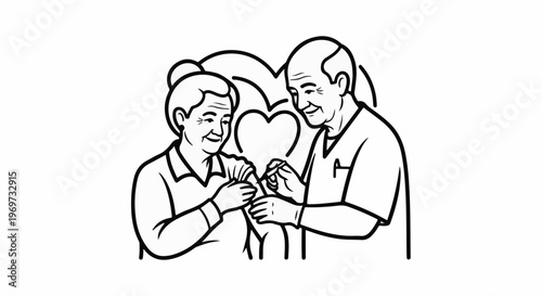 Elderly person receives injection from caregiver with hearts in background