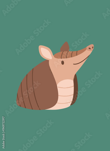 Armadillo head with segmented shell and small ears on a teal background, cute and curious.