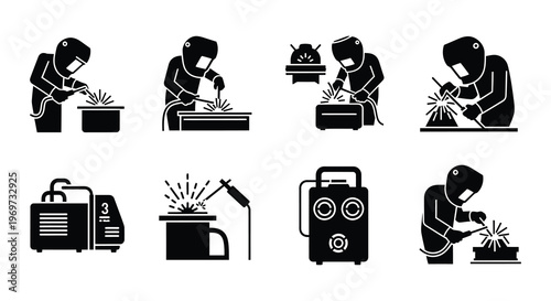 Welding icon set depicting various techniques and equipment in black