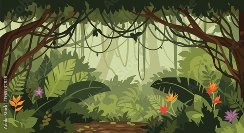 Tropical Jungle Rainforest Landscape with Exotic Plants and Vines