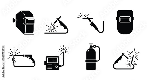 Welding icon set depicting various techniques and equipment in black