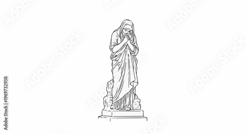 Statue of a grieving woman in flowing robes, hands clasped