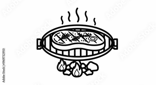 Steak grilling over coals with rosemary and spices, hot steam rising