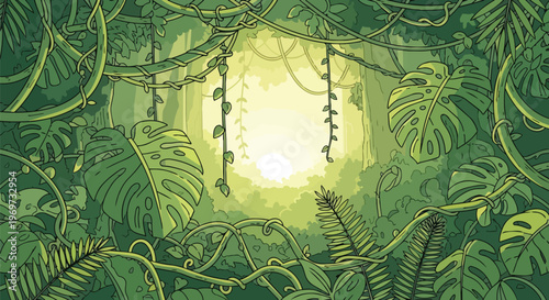 Tropical Jungle Rainforest Background with Lush Monstera Leaves and Hanging Vines