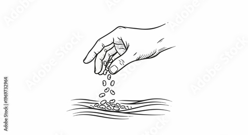 Hand scattering seeds onto wavy ground