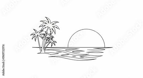 Minimalist outline of palm trees on a shore at sunset over the ocean