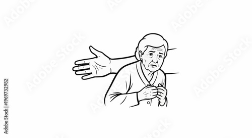 Elderly person clutching chest, with a reaching hand