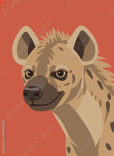 Friendly hyena portrait with spotted fur and large ears on a warm orange background, smiling.