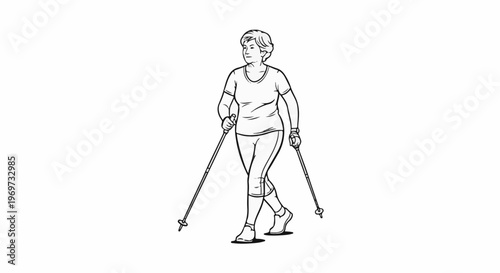 Elderly woman in athletic attire strides forward with poles