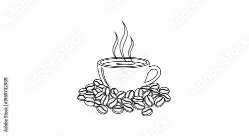 Steaming cup of coffee nestled among fresh roasted coffee beans