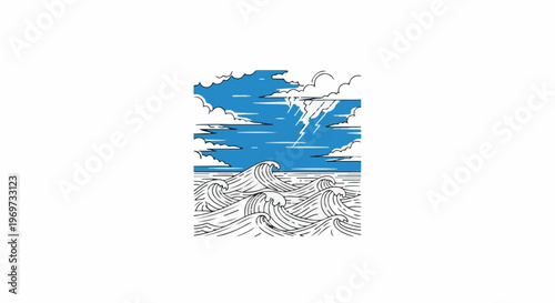 Stormy sea with crashing waves and lightning in a blue sky