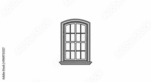 Outline of an arched window with multiple panes and a sill