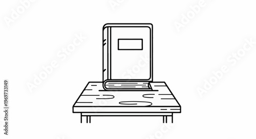Outline of an open book resting on a wooden table with four legs