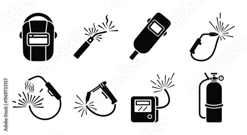 Welding icon set depicting various techniques and equipment in black