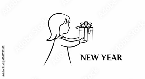 Outline of child holding a gift box with "New Year" text