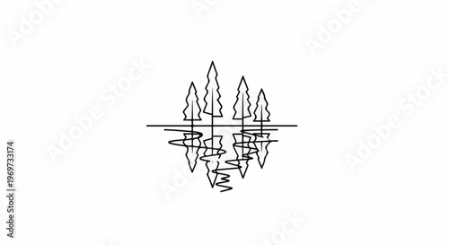 Simple outline of trees reflected in wavy water on a white background