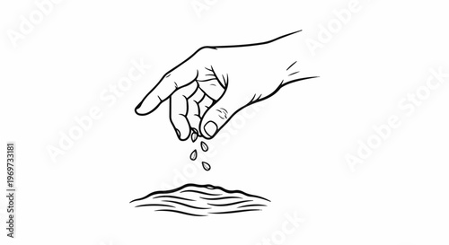 Hand sowing seeds into soil, beginning growth