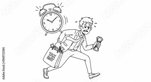 Stressed man rushes with tax money bag as alarm clock rings