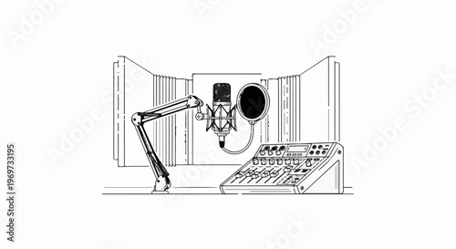 Studio setup with microphone, boom arm, sound panels and mixer