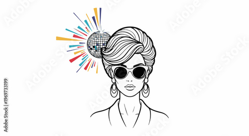 Stylish woman with large sunglasses and disco ball behind her head