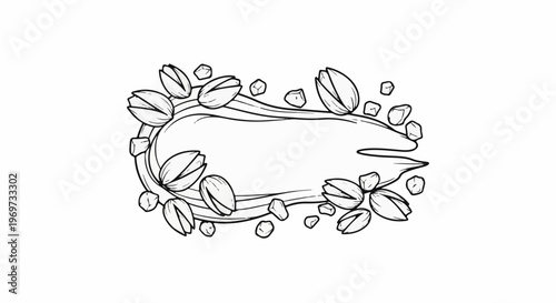 Oval frame of pistachios and shells in a sketch style