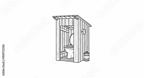 Simple wooden outhouse with toilet, toilet paper, and trash can