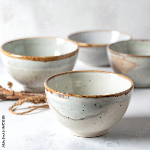 Four ceramic bowls with earthy tone glaze and brown rim