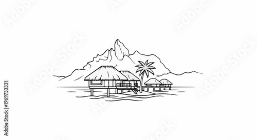 Overwater bungalows with thatched roofs and a mountainous backdrop in this line drawing