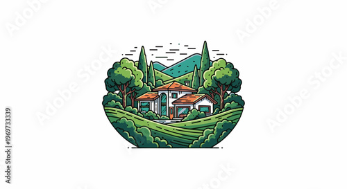 Pixelated circular scene of a house nestled amongst trees and rolling hills